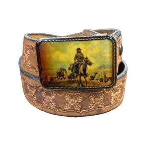 Hand Tooled Don Hewitt Mens Tan Leather Western Belt Cowboy Horse Buckle